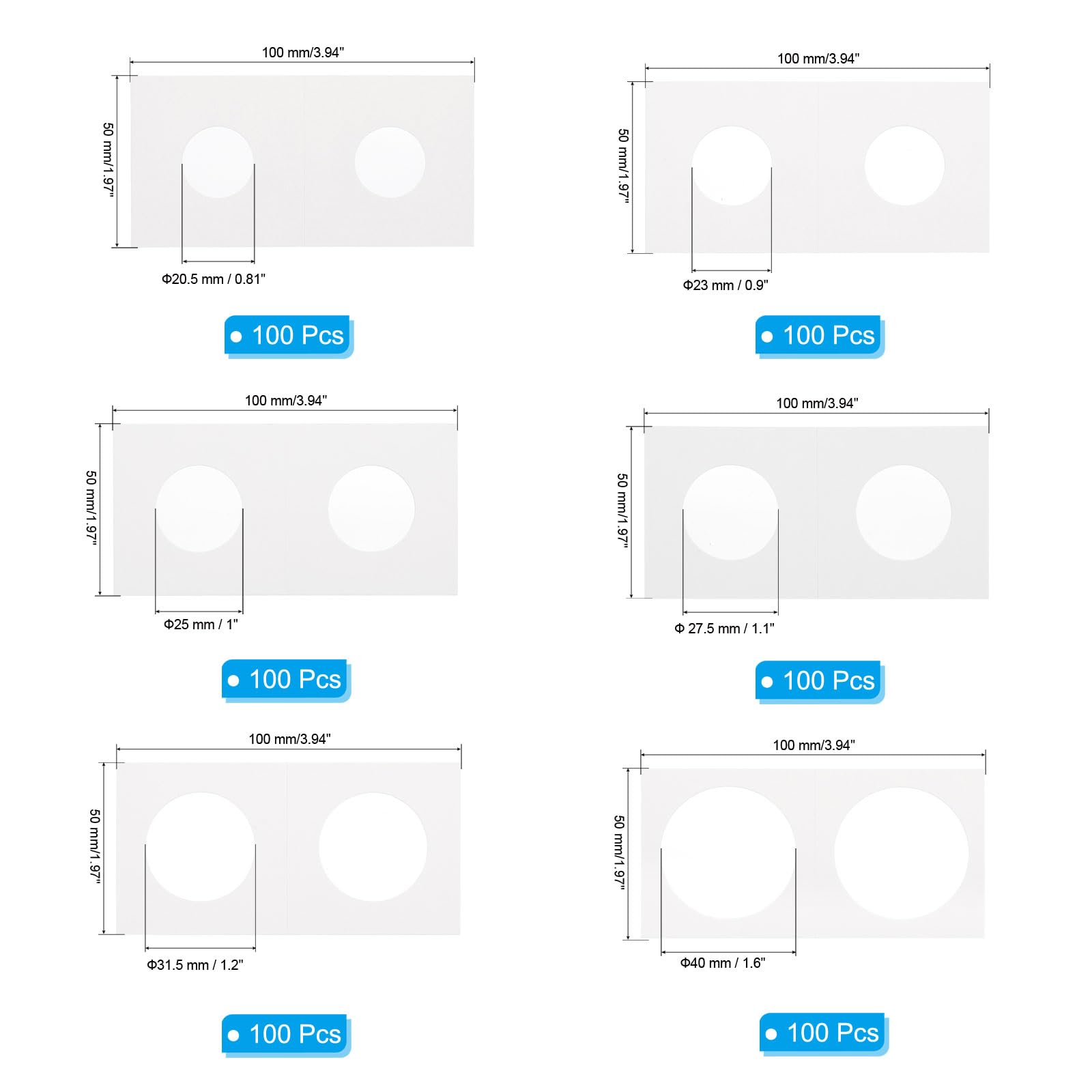 PATIKIL 2x2 Coin Flips, 600 Pack 20.5/23/25/27.5/31.5/40mm Cardboard Coin Holder, White - Image 2