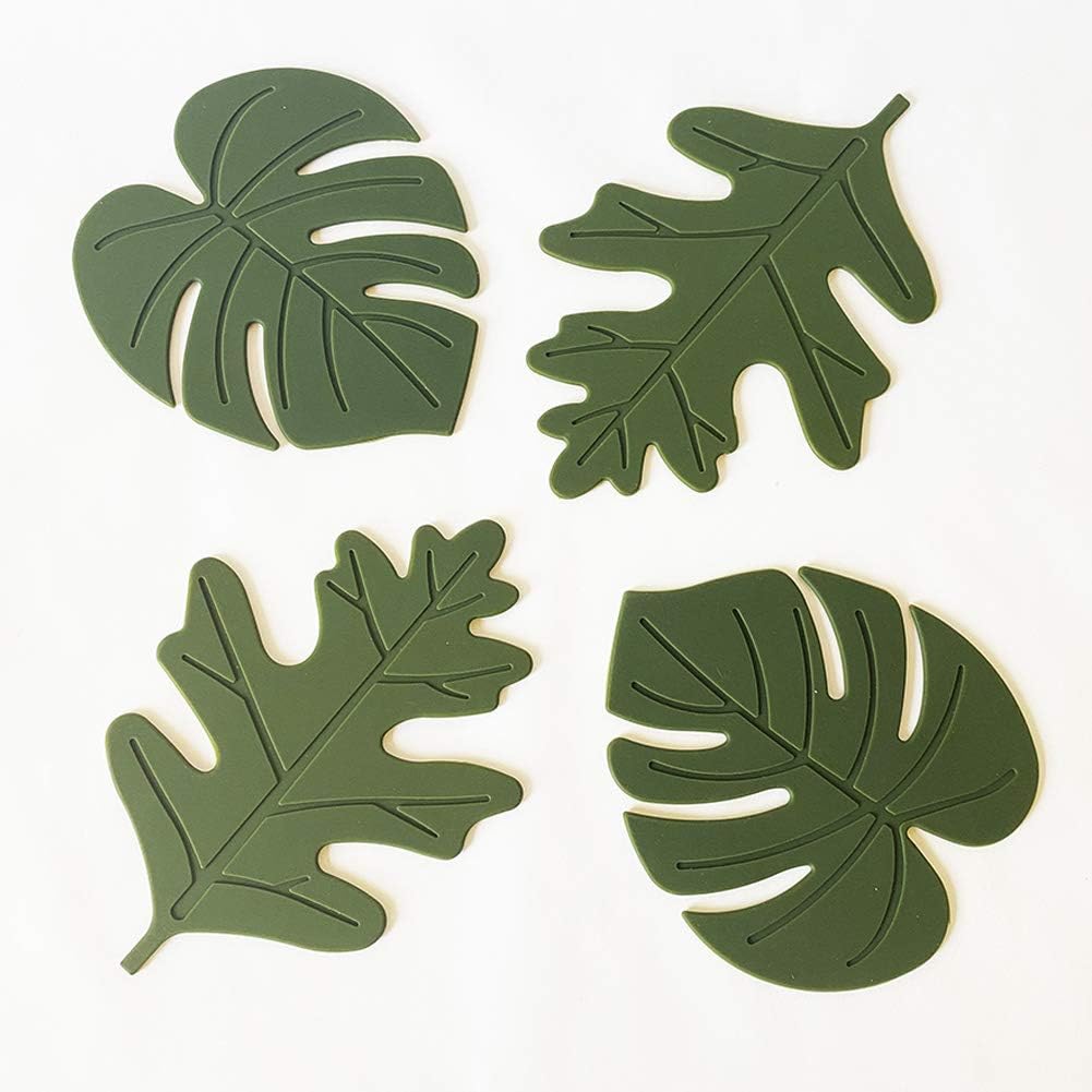 Cup Mat Silicone Rubber Coaster for Wine, Glass, Tea- Best Housewarming Beverage, Drink, Beer- Home House Kitchen Decor - Wedding Registry Gift Idea（Set of 4） (Monstera&Oak Leaf)-L8