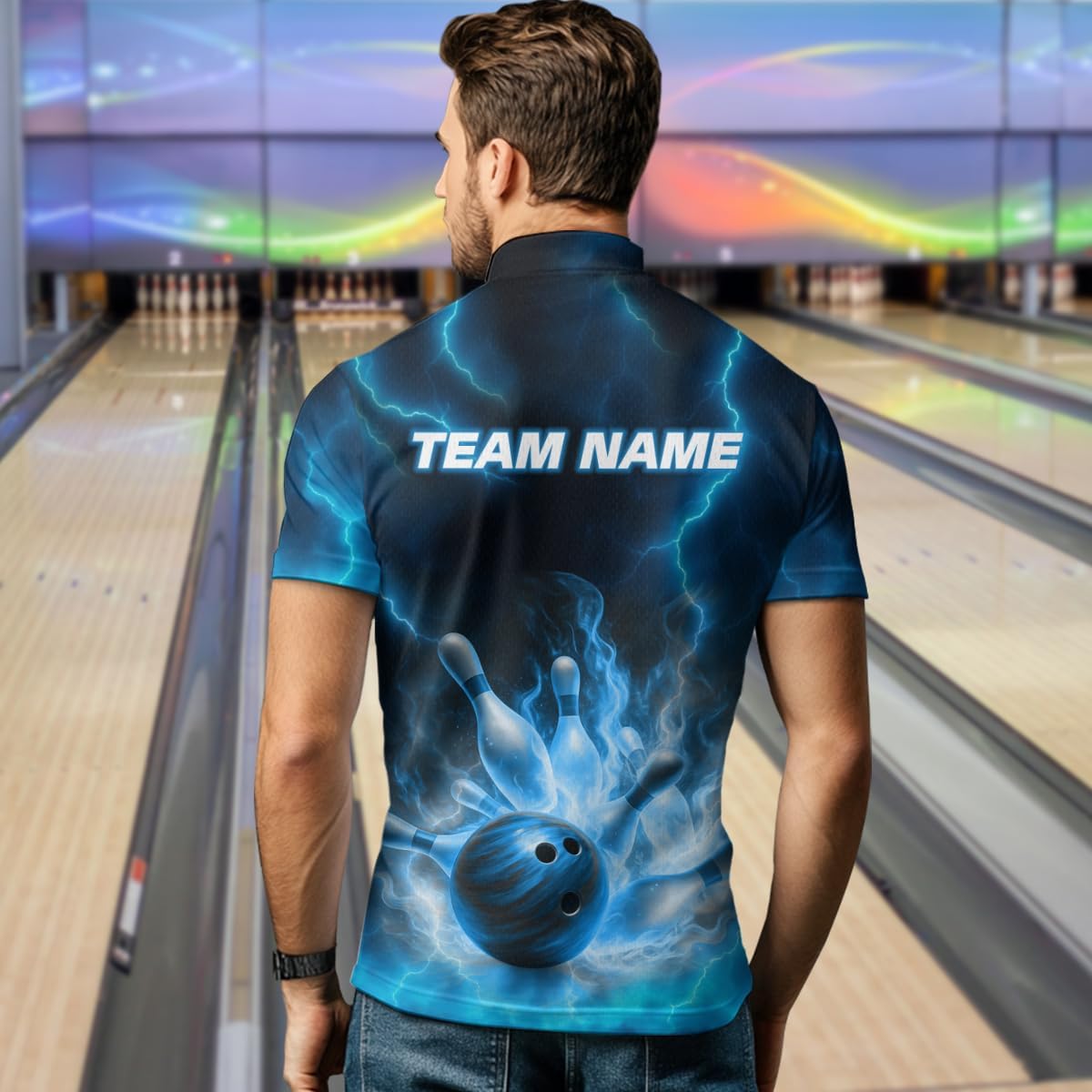 Custom Lightning Bowling Shirts for Women Men Bowling Jersey Blue Team Bowling Polo and Quarter Zip Shirts