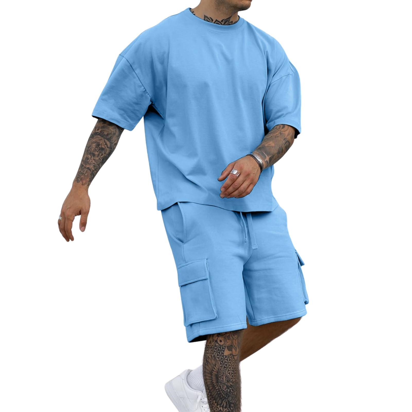 Mens Short Sets 2 Piece Outfits Summer Cargo Shorts Tracksuit