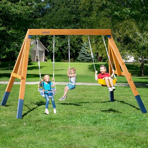 ROBUD 3-in-1 Wooden Swing Sets for Backyard, DIY Swing Sets with Tree Swing and 2 Toddler Swings,...