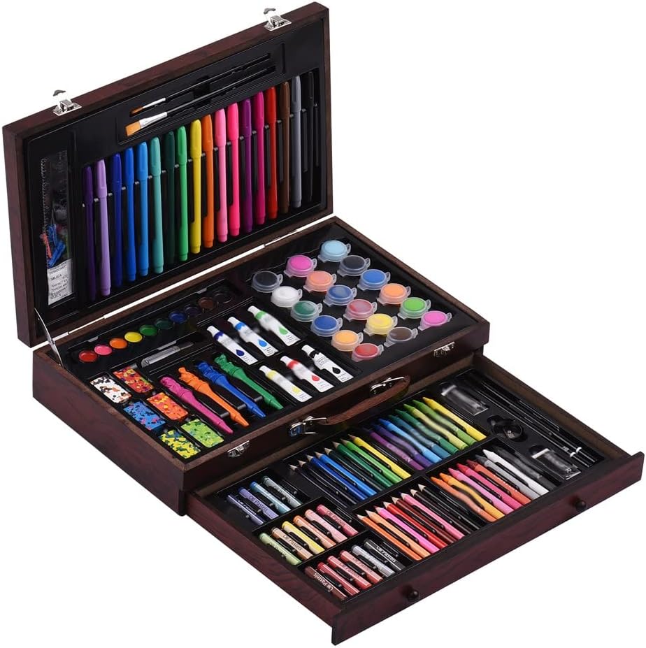 123 Pcs Art Set in Wooden Case Painting Drawing Kit Crayons Oil Pastels Colored Pencils Markers Brushes Acrylic Paints
