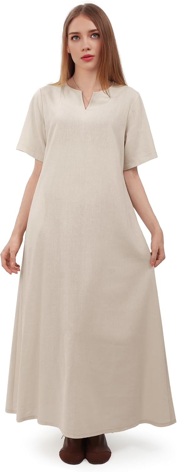 Medieval Underdress Renaissance Linen Dress Women Short Sleeves Tunic Peasant Dresses Costume with Pockets - Image 5