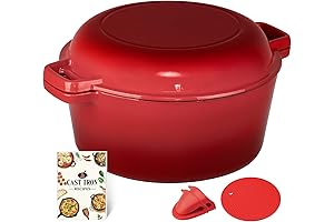 Overmont 5 Quart Enameled Cast Iron Dutch Oven with Skillet Lid and Cookbook