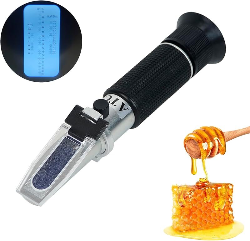 Honey Refractometer with ATC, Portable Refractometer for Honey Moisture,Triple Scale (Honey Moisture: 12-27%, Brix: 58-90%, Baume: 38-43°),Ideal for Honey, Molasses,Maple Syrup,Fruit jam