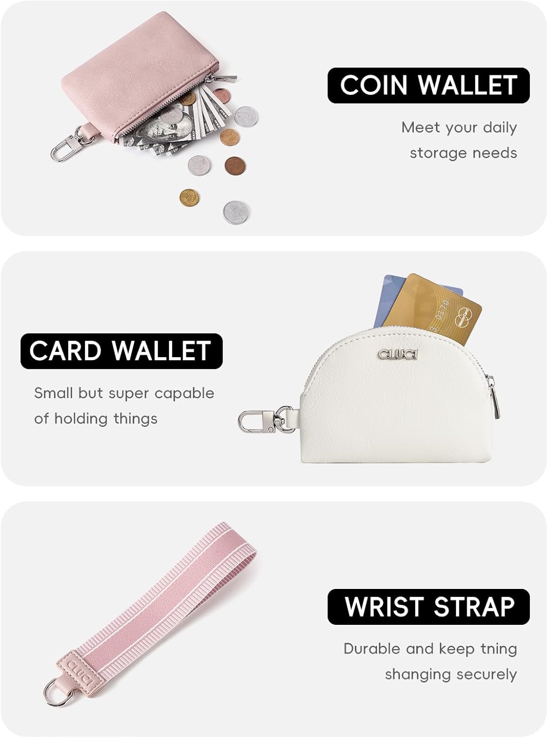 CLUCI Keychain Wallet for Women PU Leather Coin Purse Detachable Dual Pouch Wristlet Wallet Zipper Pocket Pink With Brown - Image 4