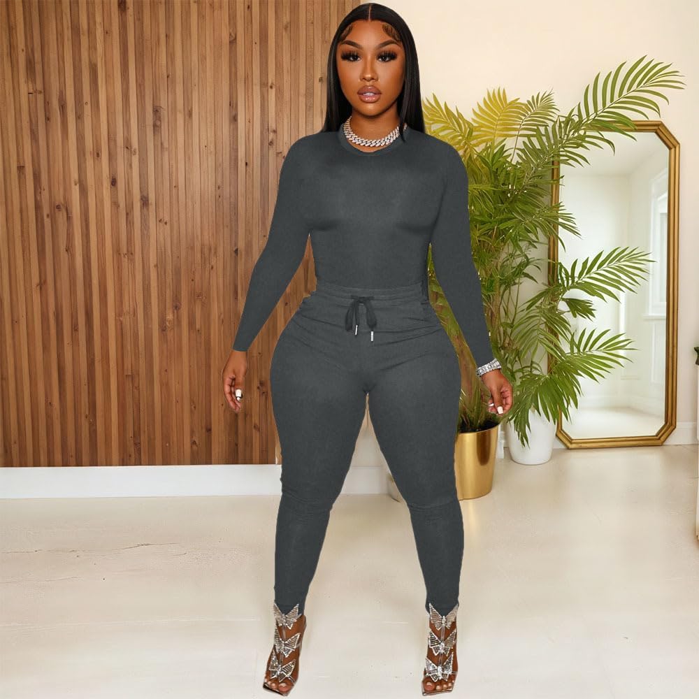 HBQ Womens 2 Piece Outfits Tracksuits Long Sleeve Tunic Tops Bodycon High Waist Leggings Pants - Image 2