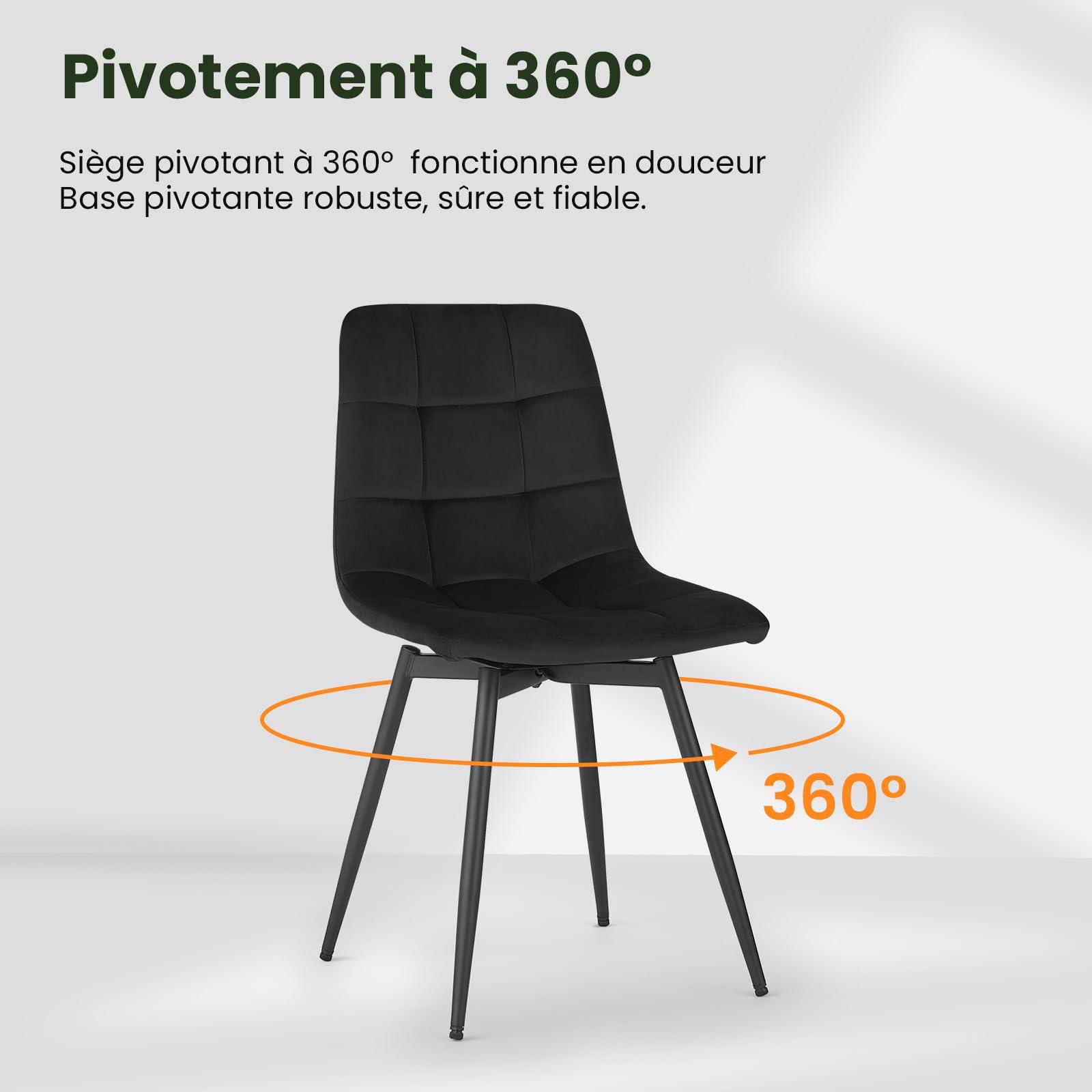 EUGAD Lot de 4 Chaises Pivotantes Salle à Manger, Chaises de Cuisine en Velours, avec Dossier, Assise Rembourrée, Pieds en Métal, pour Salle à Manger, Chambre, Salon, Noir