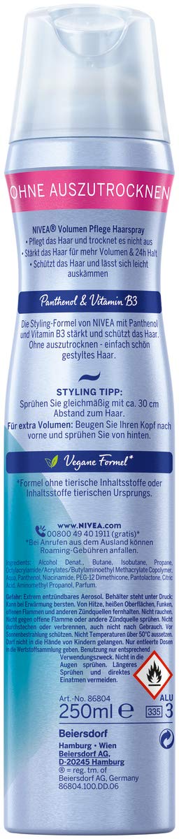 NIVEA Volume & Hold Styling Spray, wzmacniający lakier do włosów z ochroną UV, pantenol i witamina B3, lakier do włosów dla widocznej większej objętości i utrzymuje się przez 24 godziny (poziom