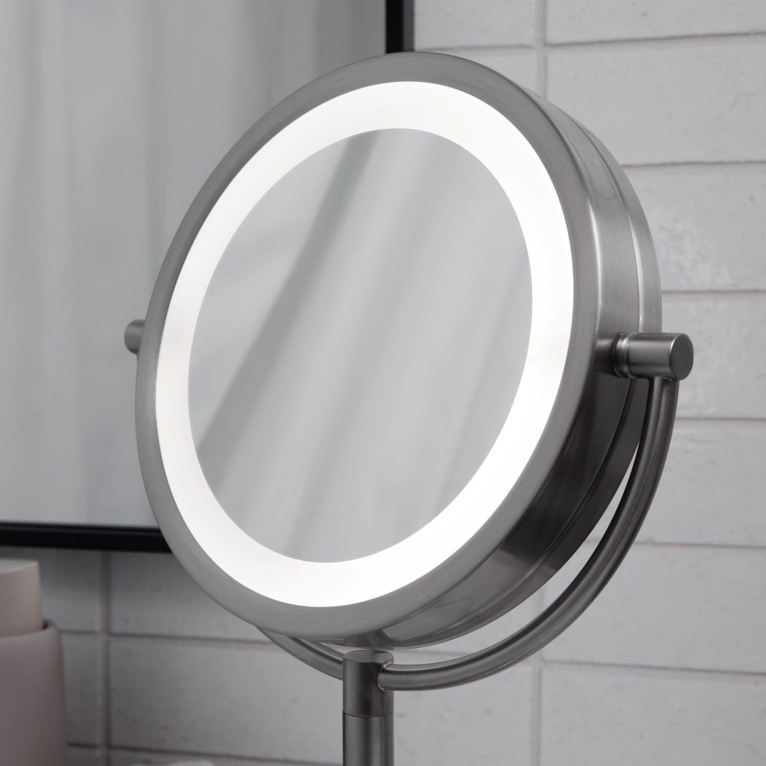 JERDON Lighted Tabletop Mirror with 10X/1X Magnification - LED Lighted Makeup Mirror with Multiple Light Settings in Nickel Finish - 8.5-Inch Diameter Vanity Mirror - Model JS8510BN