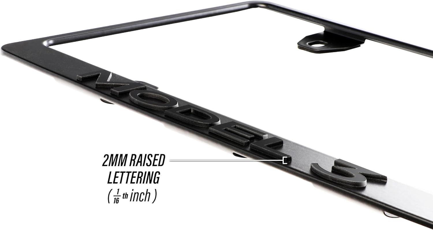 Model 3 License Plate Frame – Stealth Black Powder Coat UV Resistant Rust-Proof Steel Plate Holder - One Piece - Compatible with 2017-2025 Tesla Model3 EV (3D RAISED LETTERS with MOUNTING HARDWARE)