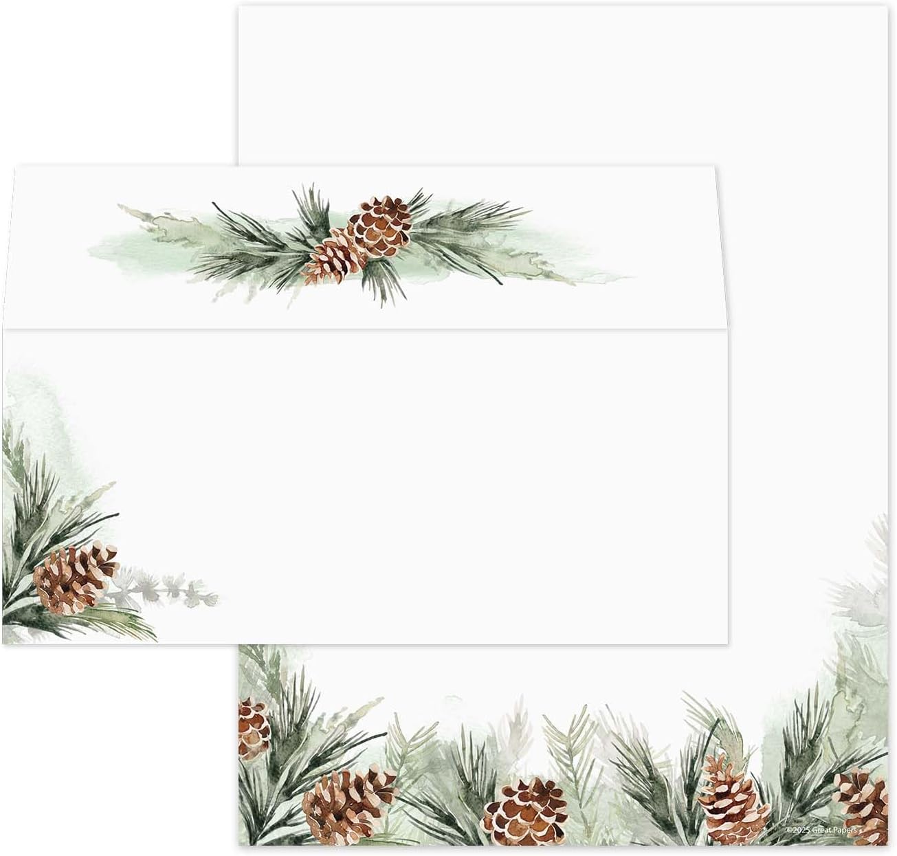 Pinecone And Sprig Holiday Letterhead With Envelopes / 40 Decorative Classic Christmas Tree Paper Sheets With Matching Envelopes / 8.5" x 11" Watercolor Winter Evergreen Greenery Pine Cone Stationery