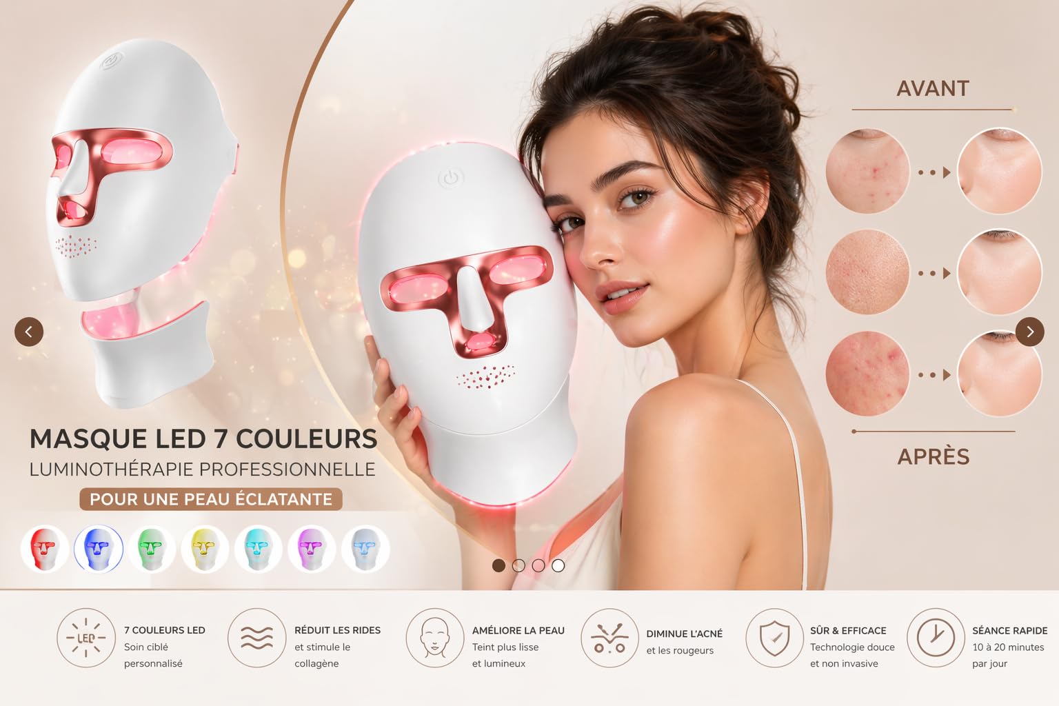 Masque LED Visage et Cou 7 Couleurs The Glow Care, Luminothérapie Anti-Rides Anti-Acné Anti-Taches, Appareil LED Rechargeable USB, Soin Professionnel Maison, Certifié CE