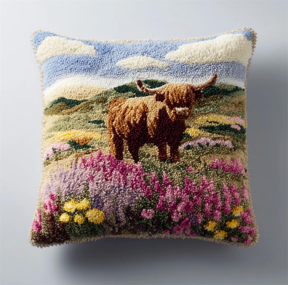kitphoenix Latch Hook Kits for Adults, Highland Cattle Amidst A Field of F