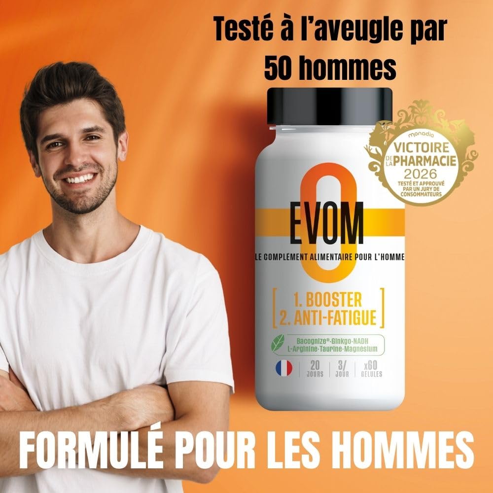 Booster Anti Fatigue Homme EVOM - Énergie Physique et Tonus Mental - Magnésium (26% VNR), Bacopa BACOGNIZE®, Ginkgo, NADH, acides aminés – Cure 20 jours – Complément Alimentaire Pour Homme