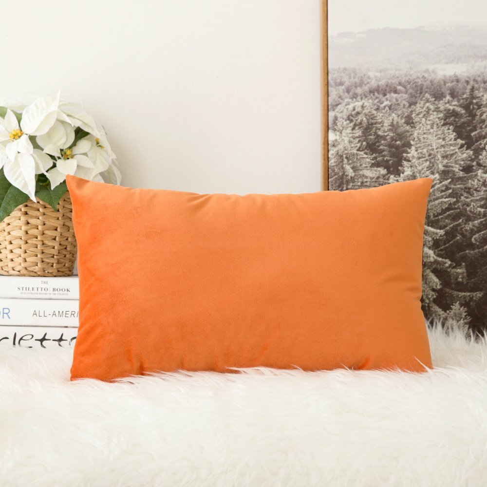 MIULEE Velvet Soft Decorative Square Throw Pillow Case Cushion Covers Luxury Pillowcases for Livingroom Sofa Bedroom with Invisible Zipper 30cm x 50cm 12x20 Inch 1 Piece Orange