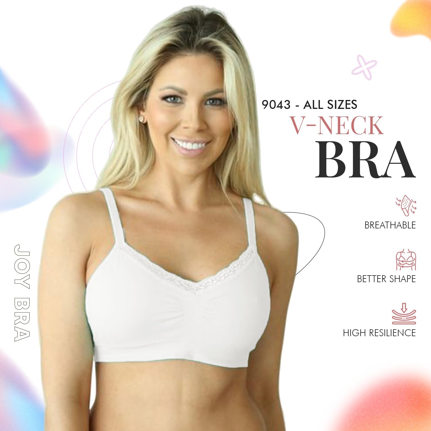 V-Neck Seamless Bra with Lace Trim, Full Coverage Wireless Bras for Women, Adjustable Straps - Image 2