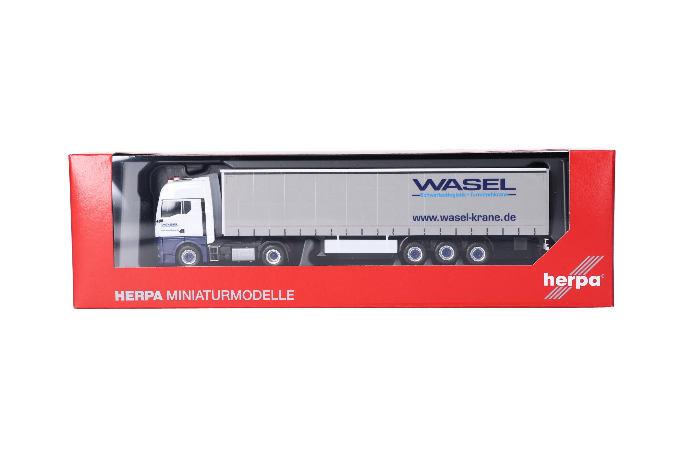 Herpa Model ciężarówki MAN TGX GX naczepa z plandeką kurtynową „Wasel”, miniatura w skali 1:87, model kolekcjonerski, wyprodukowany w Niemczech, wykonany z tworzywa sztucznego