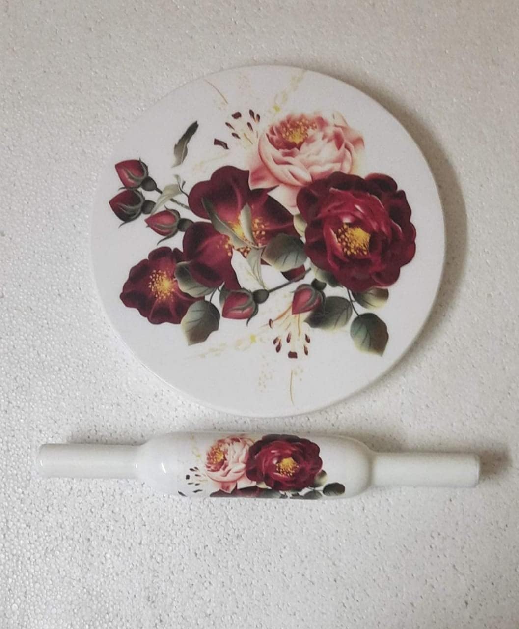 Printed Design Handicrafts Marble chakla Belan Set (Wooden Belan) / Rolling Pin and Marble Board/Roti Maker by Indian Collectible