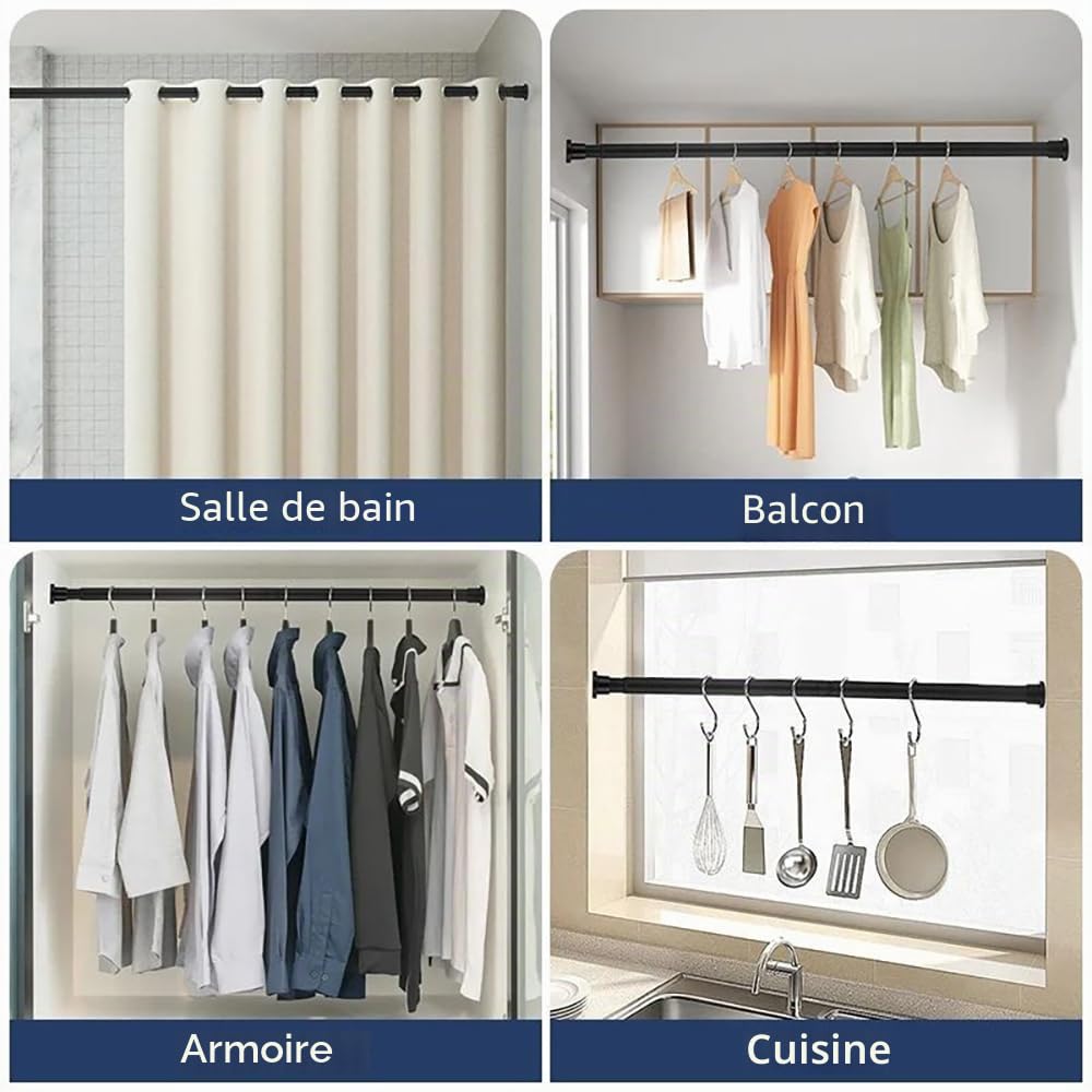 Tringle Rideau Extensible Sans Percage,Barre Extensible Sans Perçage,Tringle à Rideau Pour Fenêtres De 260 à 310 Cm, Noire Mate, Diamètre 32 Mm,Pour Rideaux, Douche, Les Portes Et Les Placards