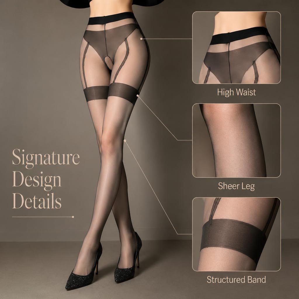 Womens Suspender Tights- Faux Thigh High open cut Stockings, Suspender Pantyhose Silky Lace Tights