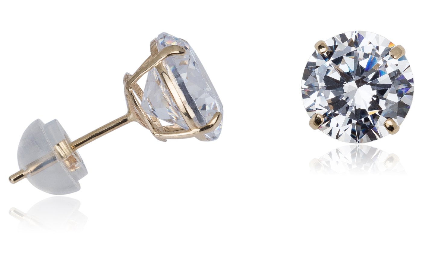 14kt Gold Cubic Zirconia Stud Earrings Round with 14kt Silicone Backs
