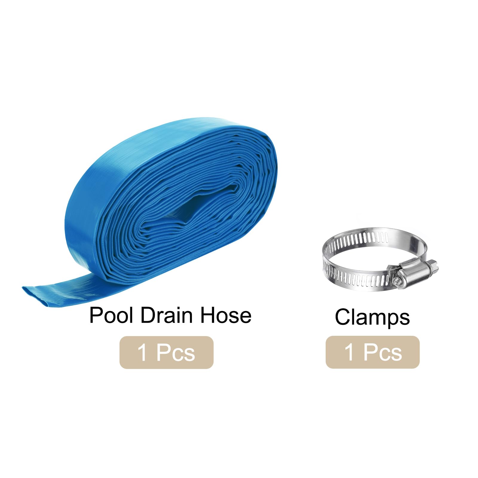 Tuyau de lavage de piscine de 3,8 cm x 15,2 m, tuyau de vidange renforcé en PVC plat pour pompe de vidange d'eau pour filtre de piscine, pompe de natation, avec 1 pince, bleu