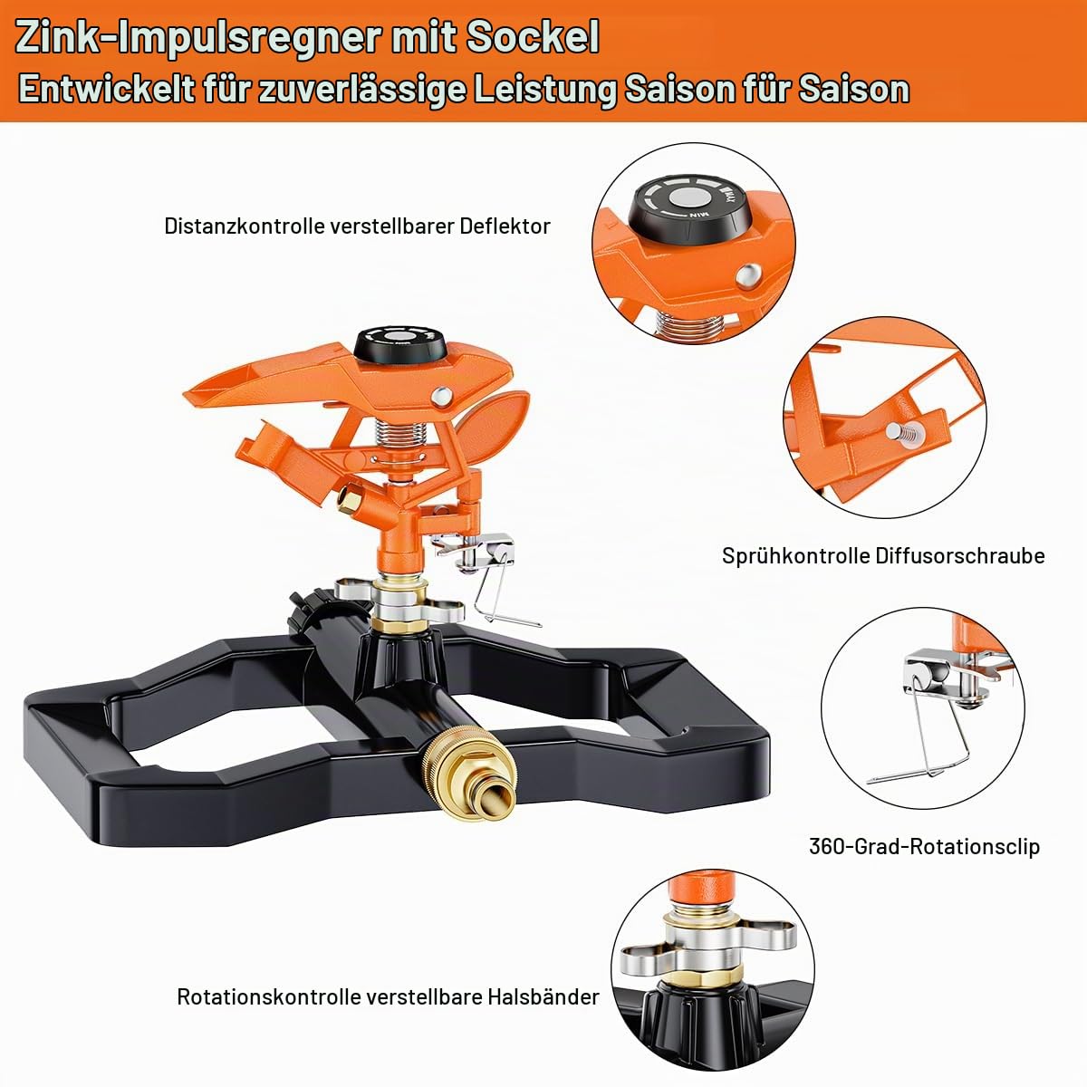 FANHAO Robuster Rasensprenger für den Garten,100% Metallsockel mit 360 Grad Drehbar für Große Flächenabdeckung, Deckt bis zu 540 m², Ideal als Regner Bewässerungssystem Regner