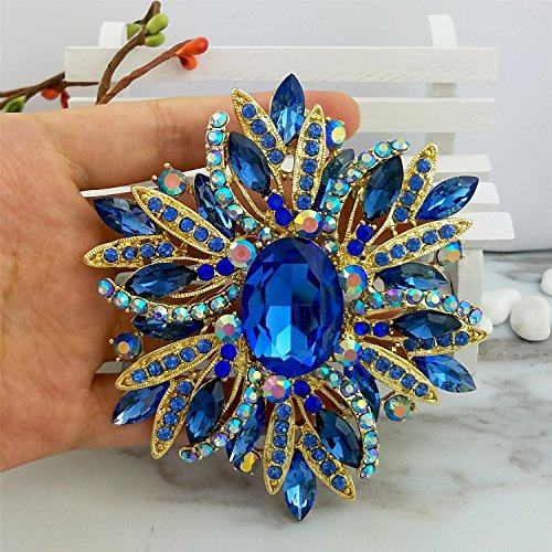 Image of SELOVO 3.5 inch Huge Big Large Brooch Pendant Scarf Hats Decoration Blue Flower Pin Gold Tone