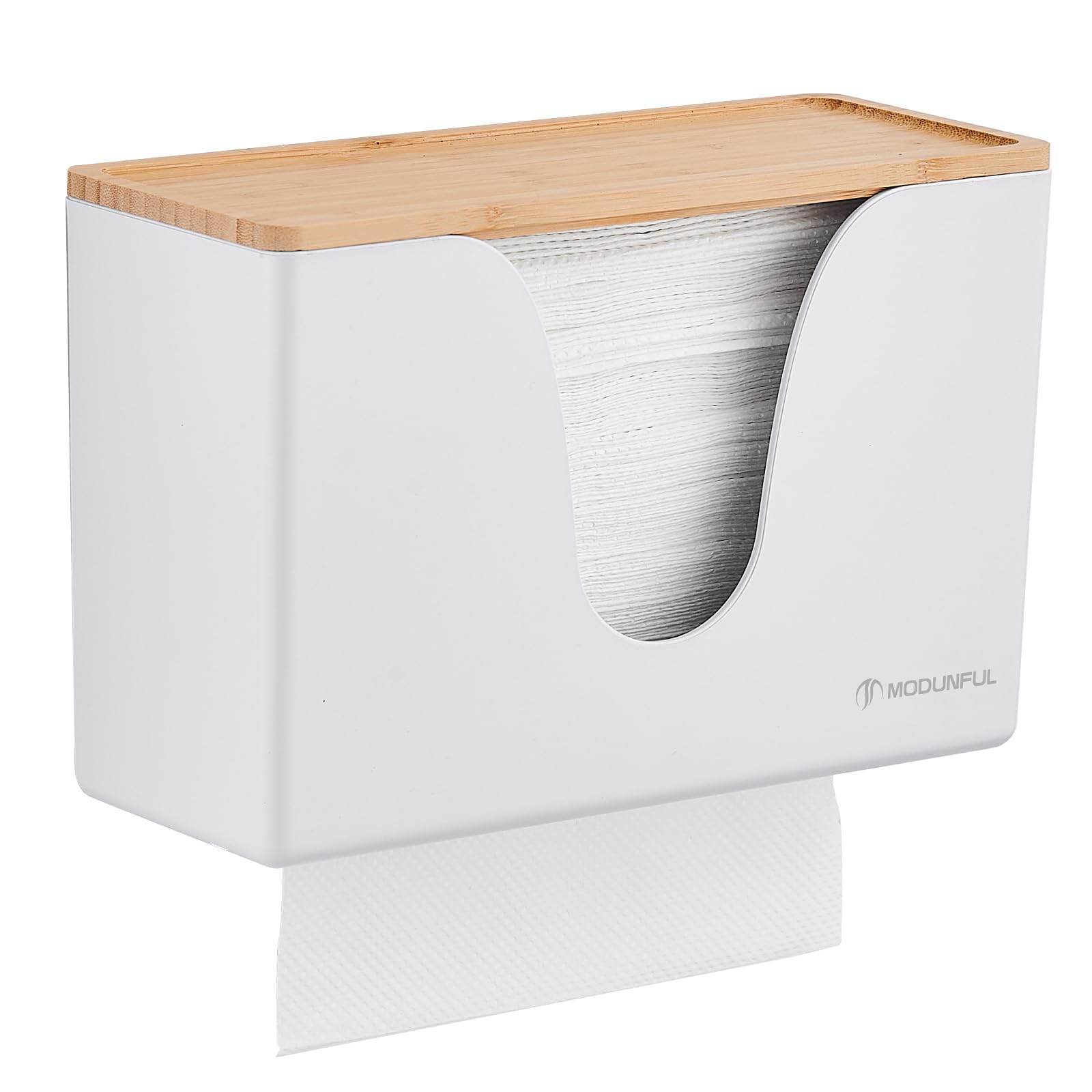 modunful Dispenser Carta Asciugamani con Coperchio in Legno, Dispenser Salviette Bagno Commerciale a Parete e Tavolo, Senza Fori, per Tovaglioli Piegati, es. H2, Bianco