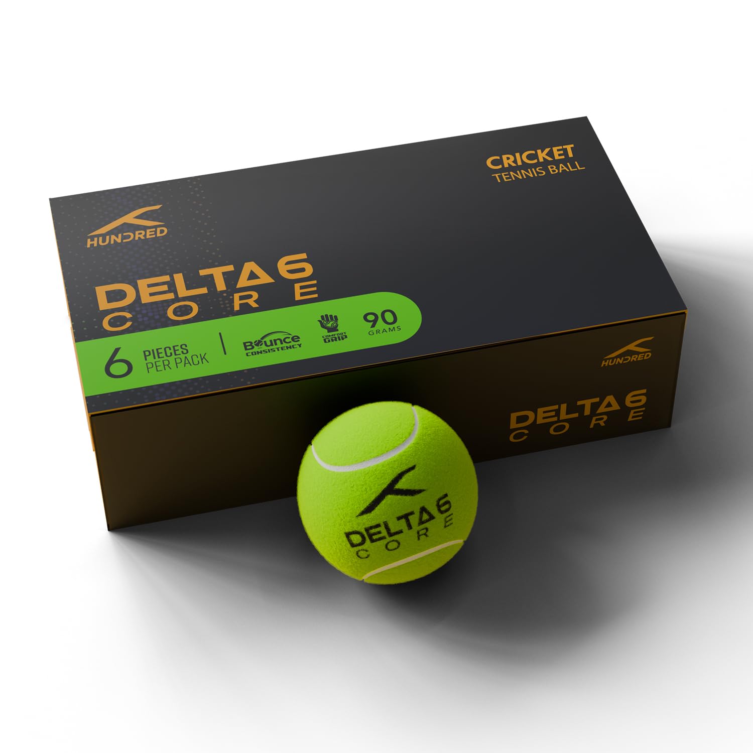 Hundred Cotton Delta 6 Core Cricket Tennis Balls | Bounce Consistency | Comfort Grip | Pressurized Core | 90 Grams | Yellow | Pack of 6