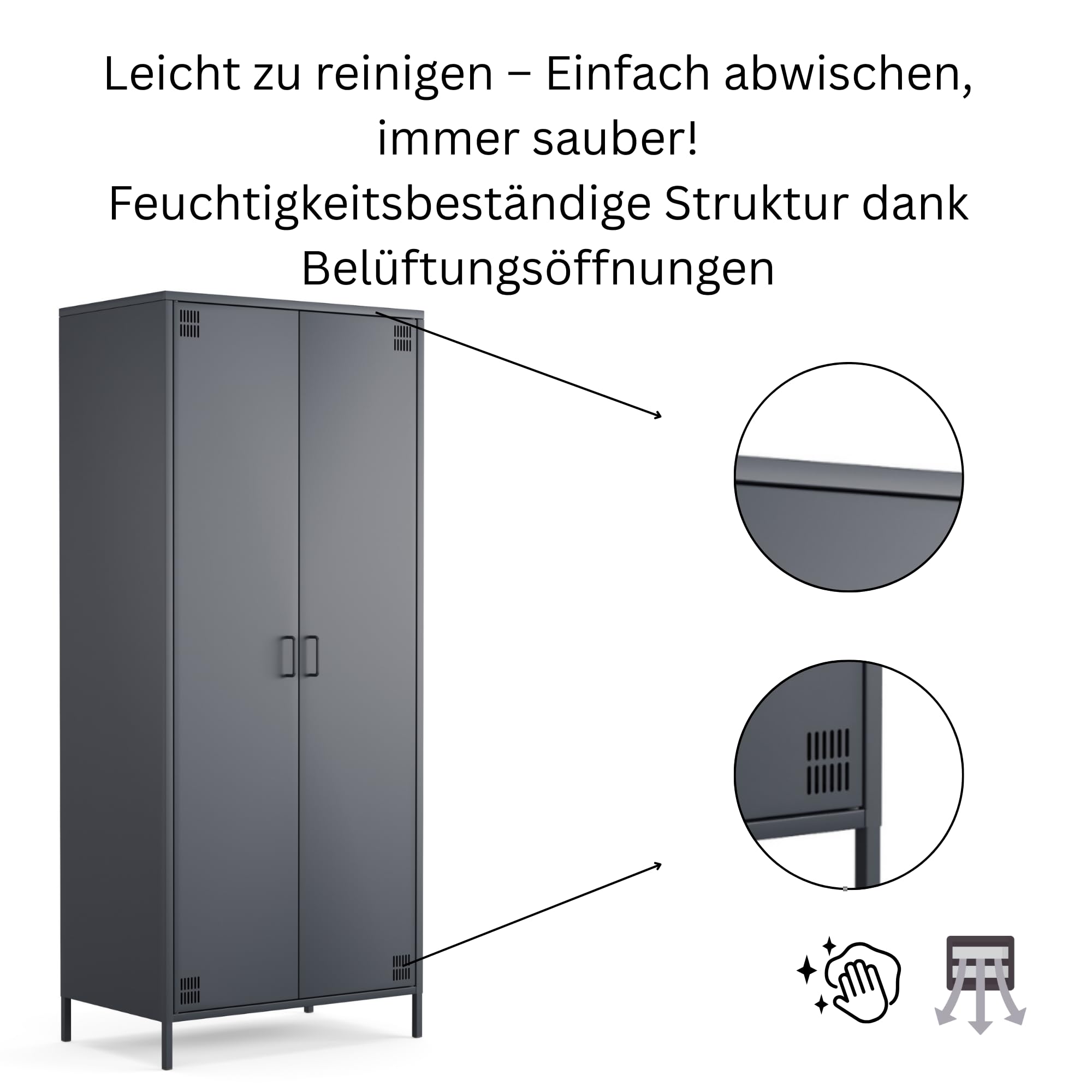 furni24 Metallschrank – Retro Garderobenschrank mit Kleiderstange – Robuste Aufbewahrungslösung mit verstellbaren Ablagen– Ideal für Schlafzimmer, Flur, Büro- Kleiderschrank mit 2 Türen, Anthrazit