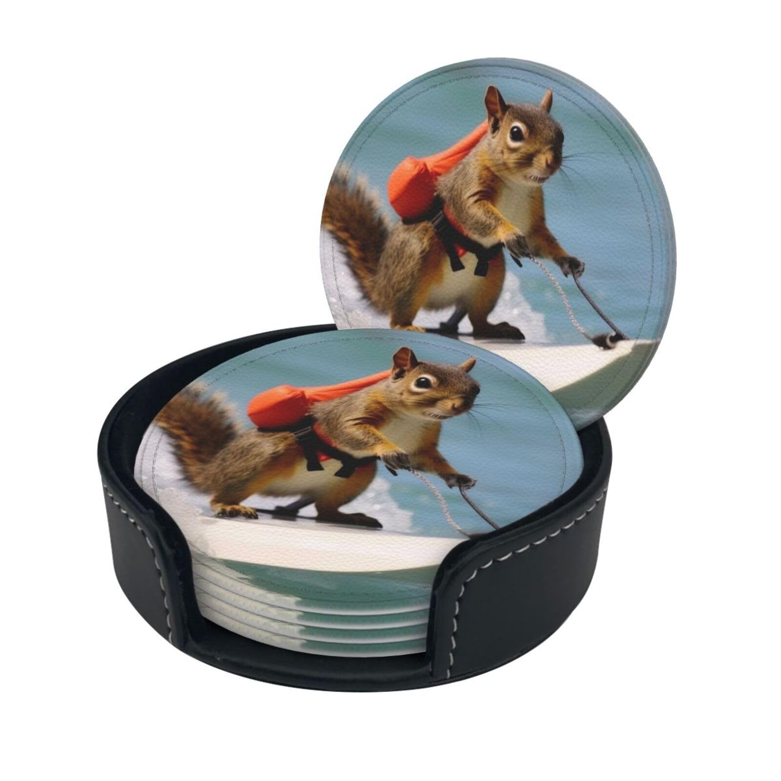 Stylish Coasters - Water Skiing Fox Squirrel Set of 6 Round Leather Drink Coasters with Holder - Perfect Size for Cups and Glasses