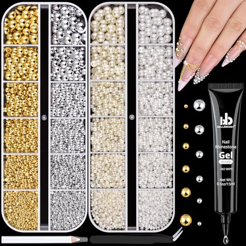 Flatback Nail Pearls Gems and Glue Small Half Round Silver and Gold Nail Charms Beads and White Beige Pearls for Nails with Pickup Tools Pearl Nail Charms Rhinestones for Crafting Face Manicure DIY