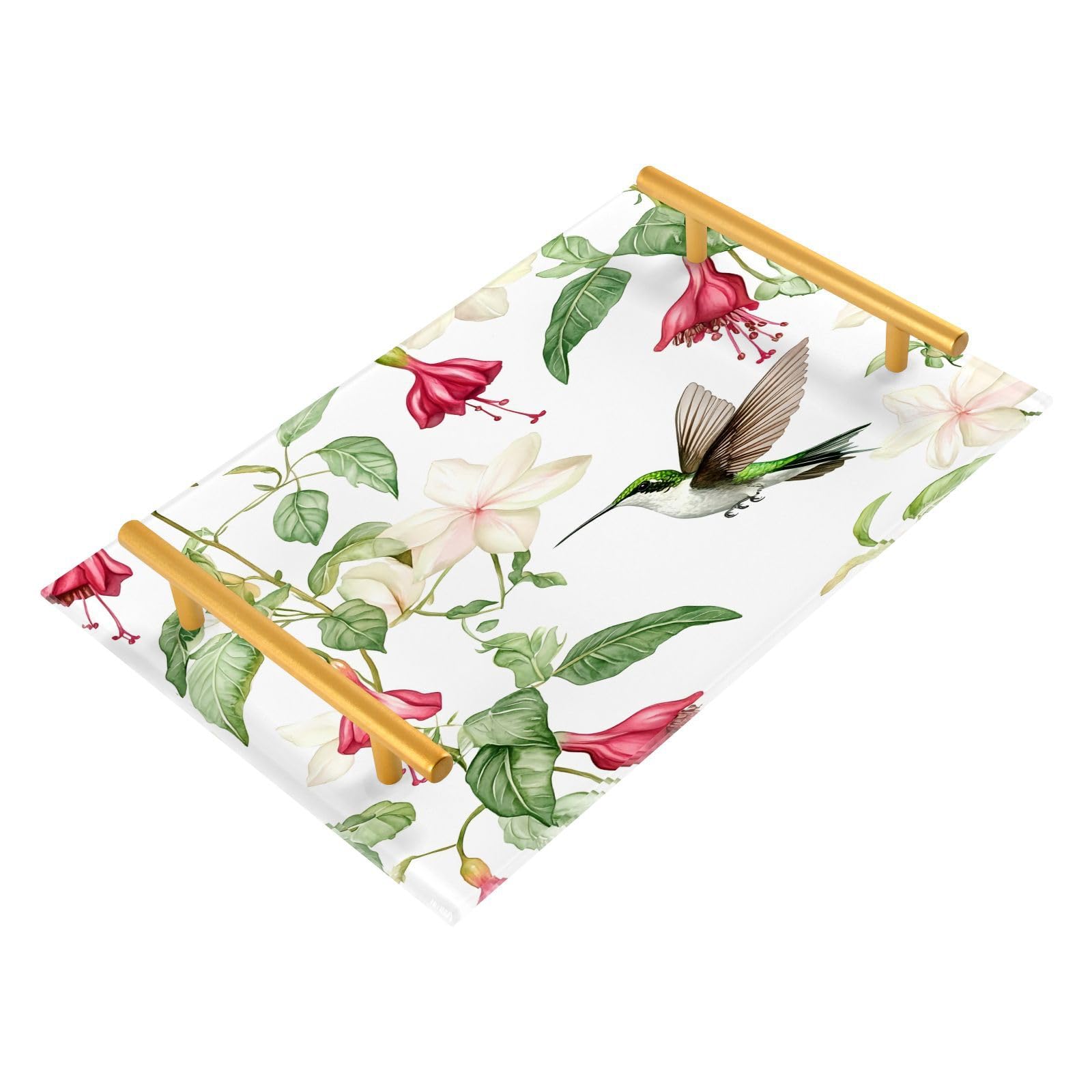 Wassud Bathroom Vanity Tray with Handles Watercolor Spring Acrylic Jewelry Perfume Organizer for Bathroom Kitchen Counter 11.81