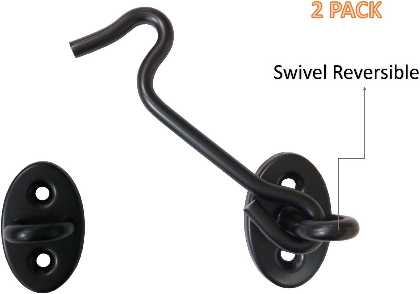 QCAA Reversible Hook, 304 Stainless Steel Cabin Hook Latch & Eye, 3 1/2", Matte Black, 2 Pack, Made in Taiwan