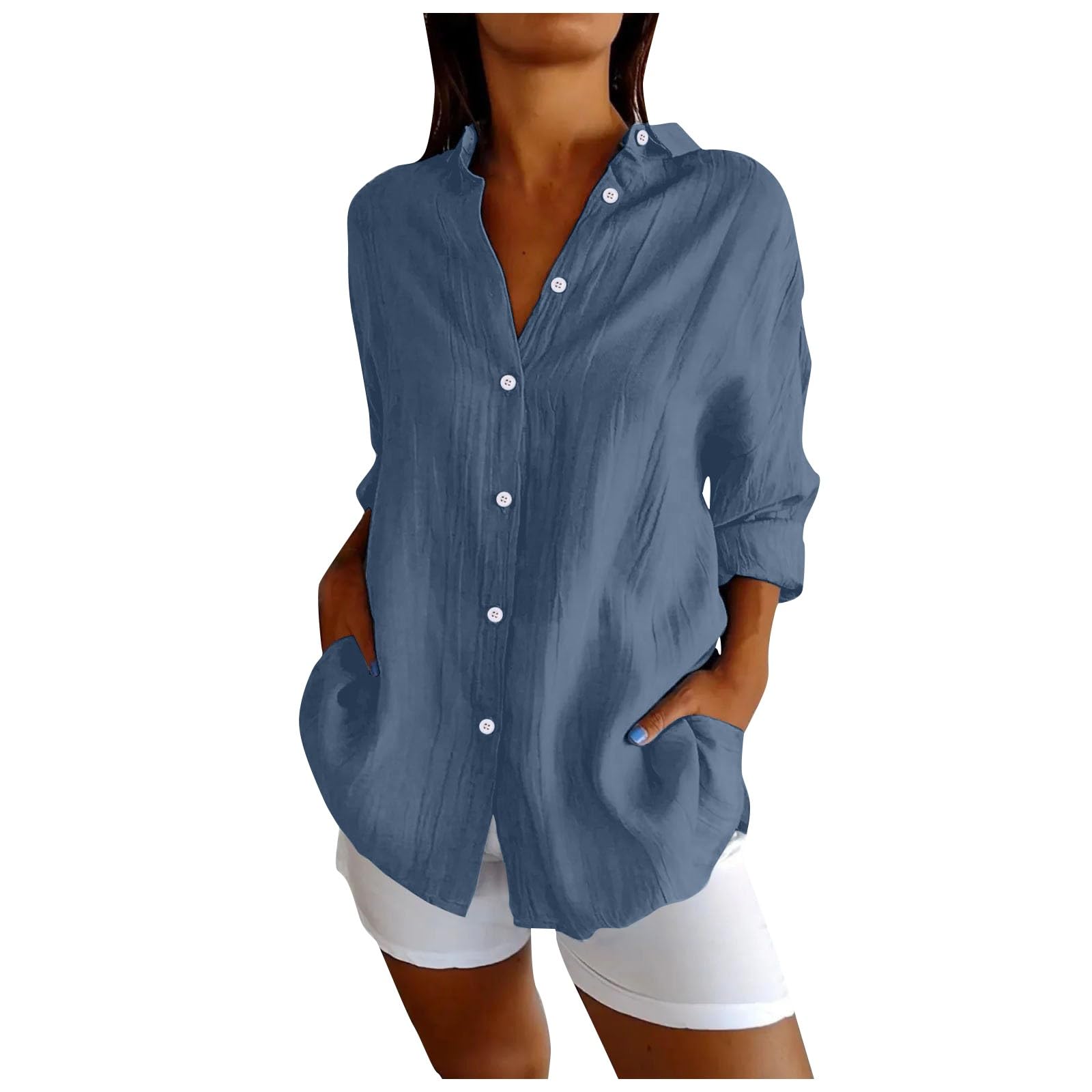 Chemises boutonnées en lin pour femme 2026 à revers d'été tendance à col classique en gaze vêtements décontractés en mousseline vêtements petit ami à manches longues coupe ample tunique pour femme