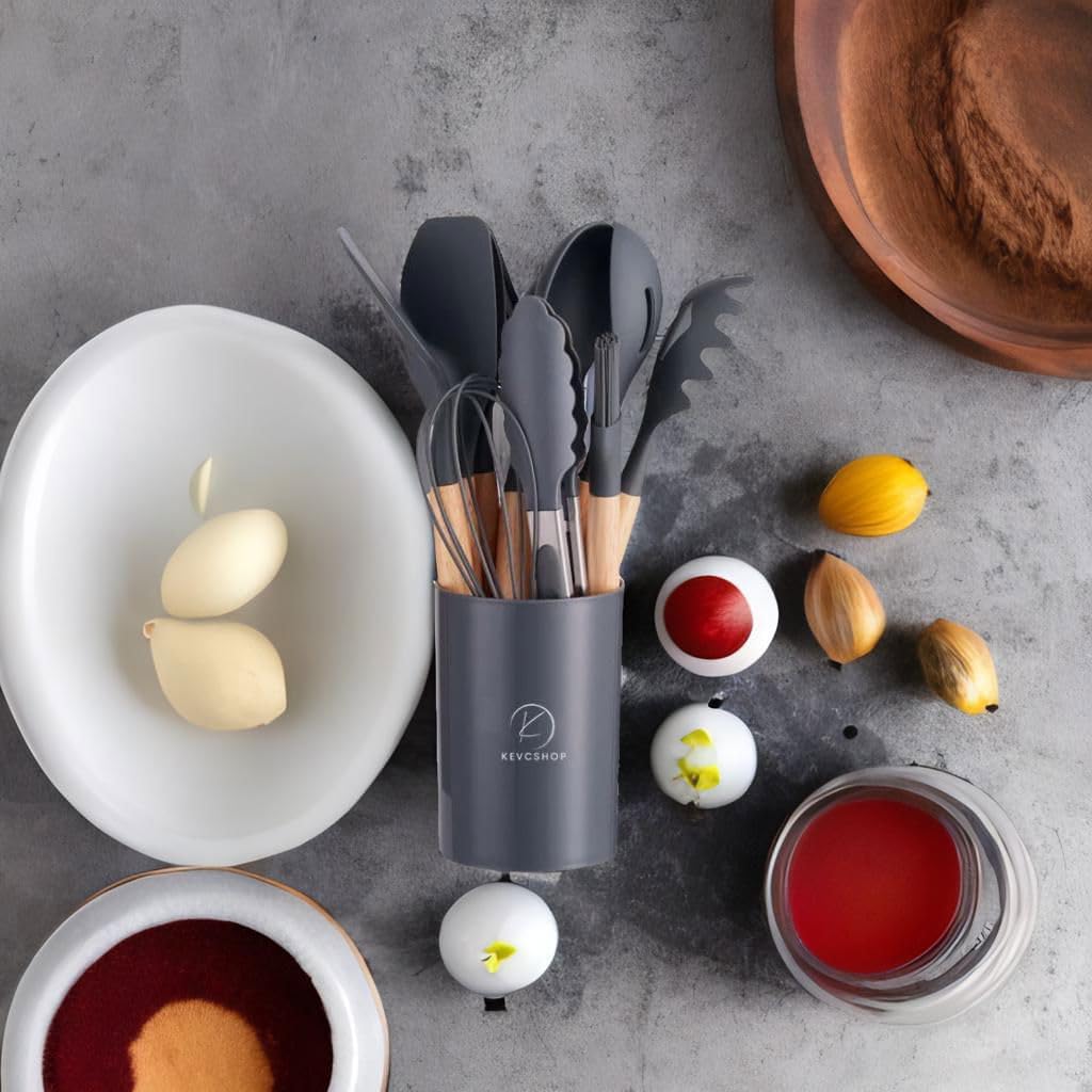 Deluxe 12-Piece Silicone Kitchen Utensils Set with Durable Cooking Tools - Heat Resistant Nonstick Cookware Essentials, Includes Spoon, Spatula, Ladle, and Utensil Set Holder (Dark Grey)