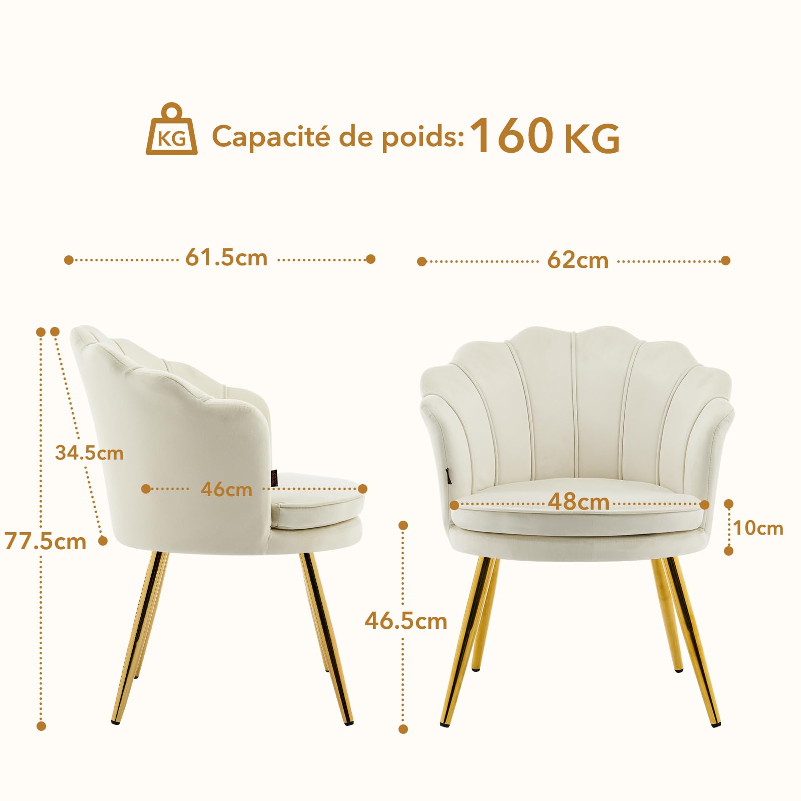 Chaise Coiffeuse, Fauteuil Coquillage en Velours, Fauteuils Salon Fauteuil Coiffeuse Confortable, Chaises Salle à Manger Chaise Rembourrée avec Pied Métal pour Chambre Salon, Beige