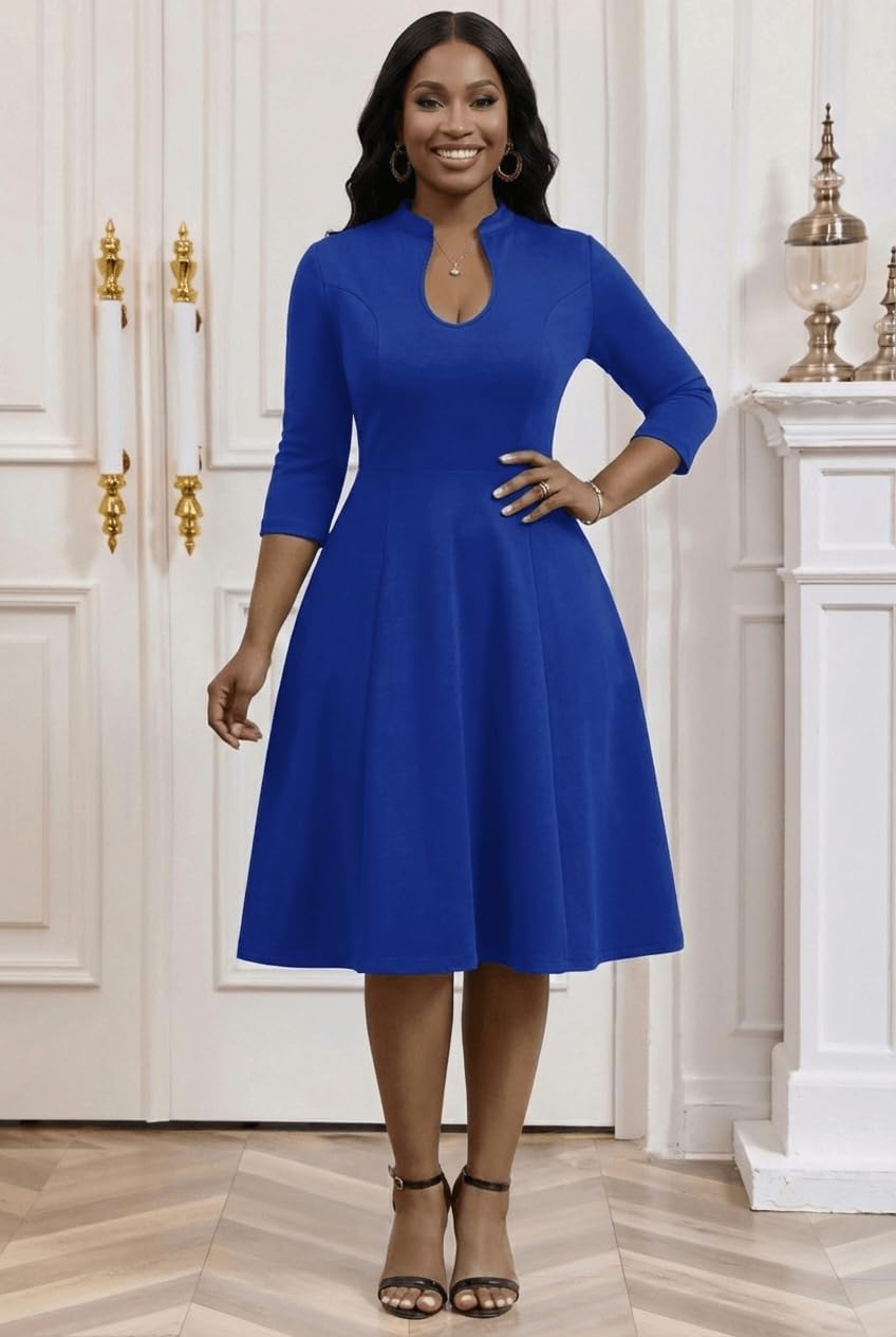 Nmoder Casual Dresses for Women, Deep V Neck Sexy Work 3/4 Sleeve Midi Fit and Flare Dress with Pockets