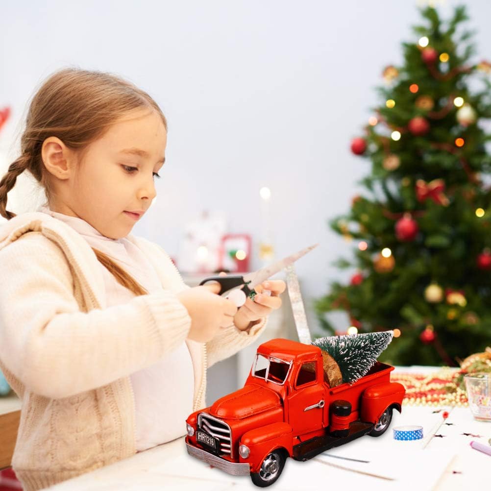Christmas Vintage Red Truck, Die Cast Metal Mini Christmas Tree Decoration with Movable Wheels, for Home Decor Gifts Vehicle Lovers (Red)