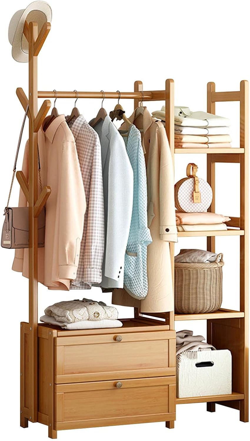 竹製コートラック フック・引き出し・棚付き 3 in 1 オープンワードローブ 玄関・寝室・浴室・オフィス用 80x37x146cm