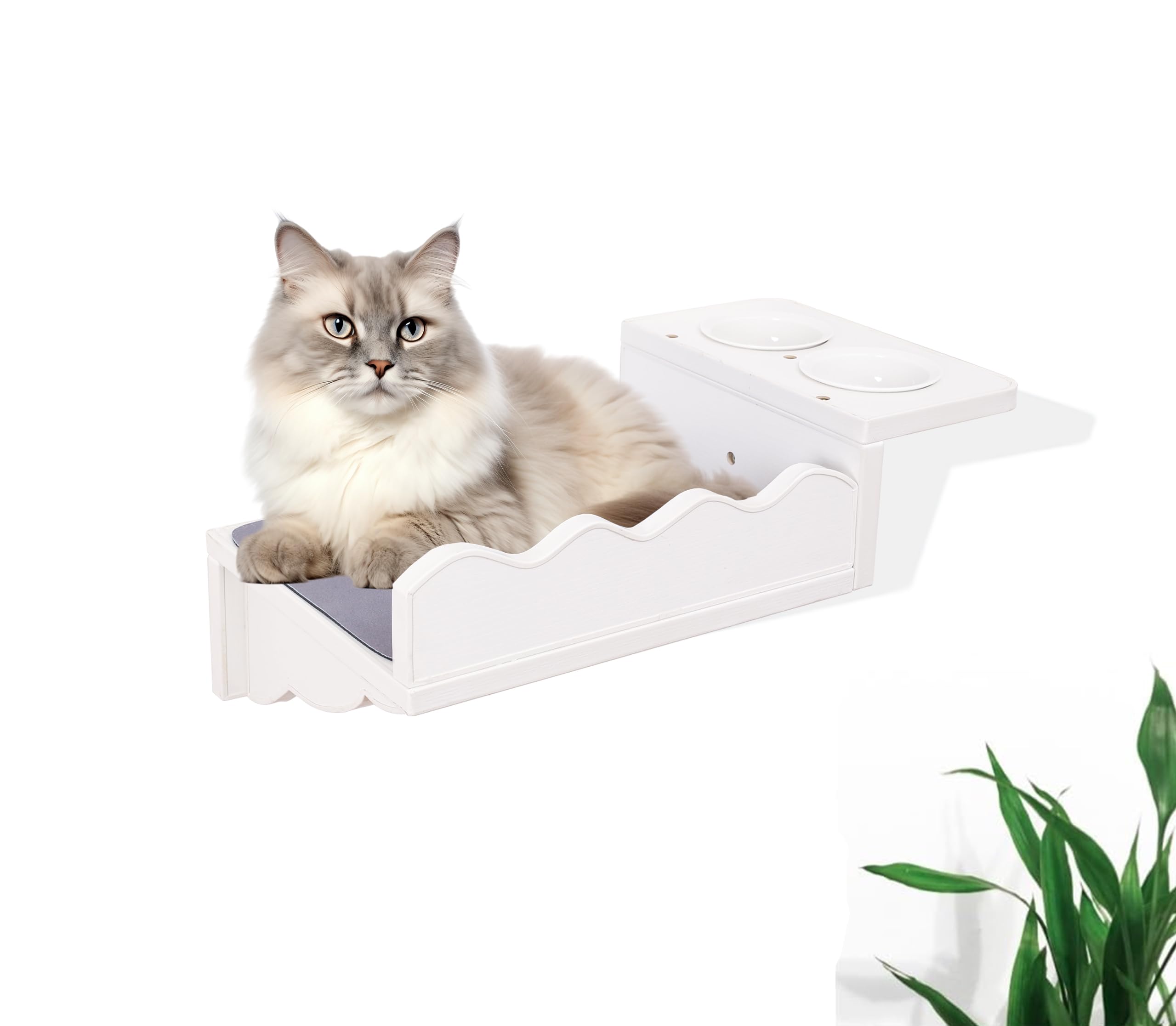Wall Mounted Cat Feeding Shelf, Cat Wall Shelf with 2 Bowls for Cats Eat Or Drinking/Blocking Dog Stealing Cat Food/Cat Jumping Ladder Steps/Waterproof Modern Cat Furniture Indoor Outdoors