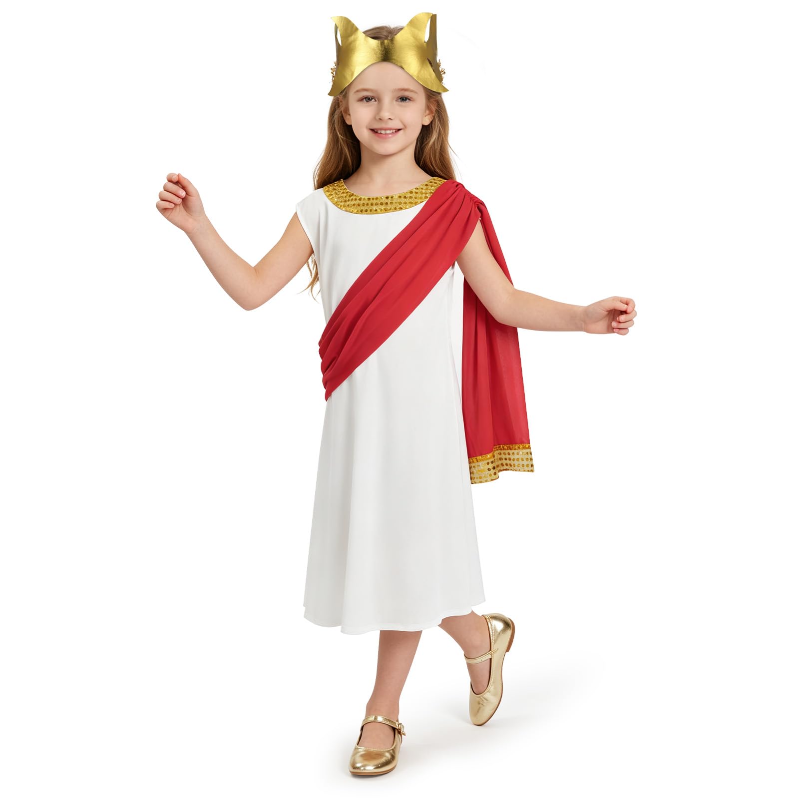AOOWU Girls Roman Greek Princess Fancy Dress with Headpiece & Shawl,M