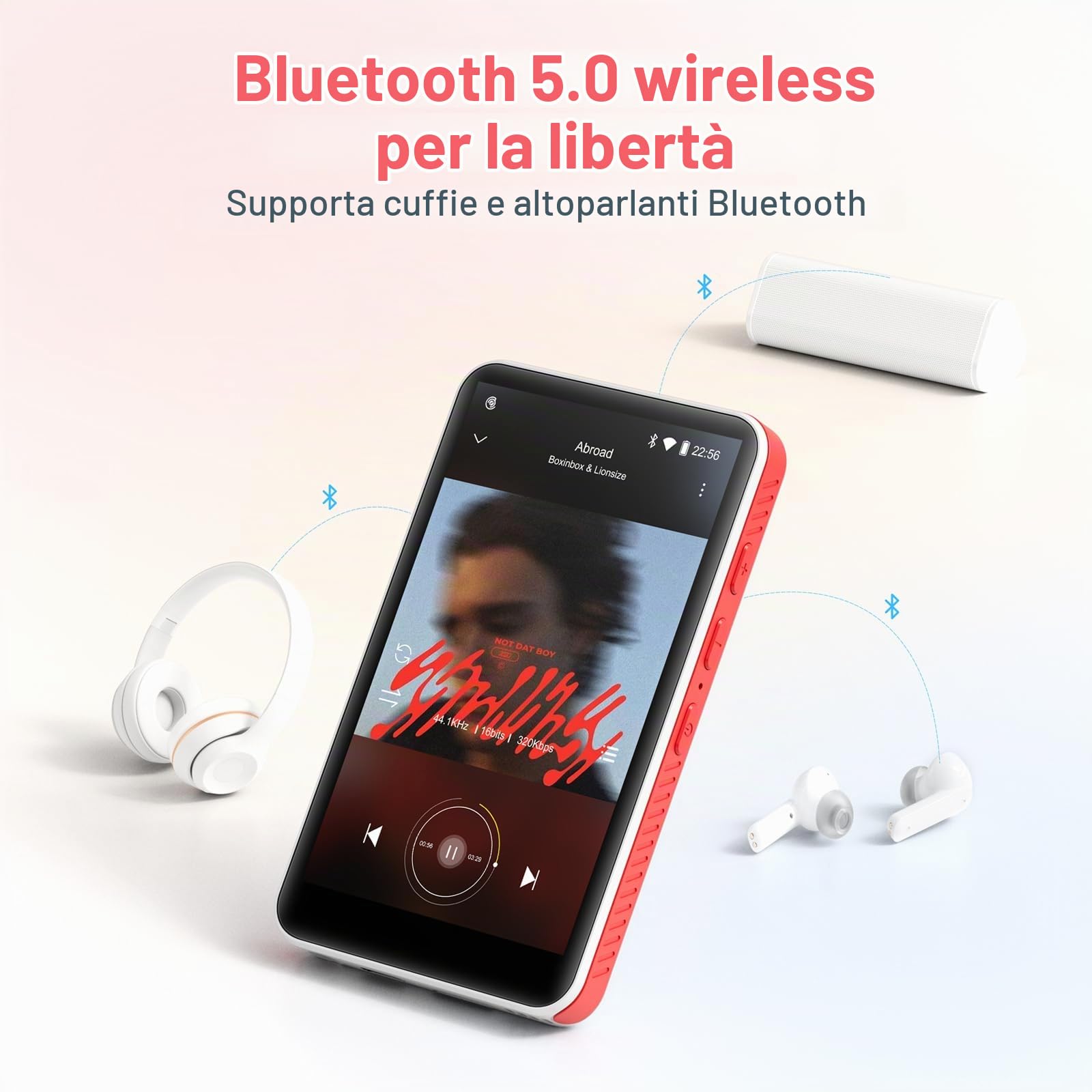 192GB Lettore MP3 con Bluetooth e WiFi, Android 13.0, RAM:4GB, 4,0" HD Schermo Tattile MP4 Lettore con Altoparlante, Portatile Spotify Lettore con Play Store (Bianco + Rosso)