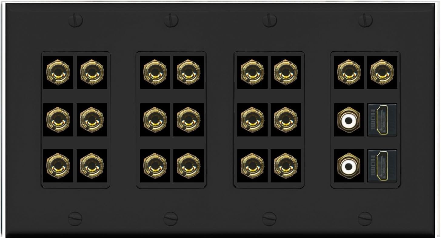 RiteAV 10.2 Surround Sound 10 Speaker 20 Banana Plug Jack Wall Plate w/2 RCA Subwoofer + 2 HDMI Female Connectors - 4 Gang [Black]