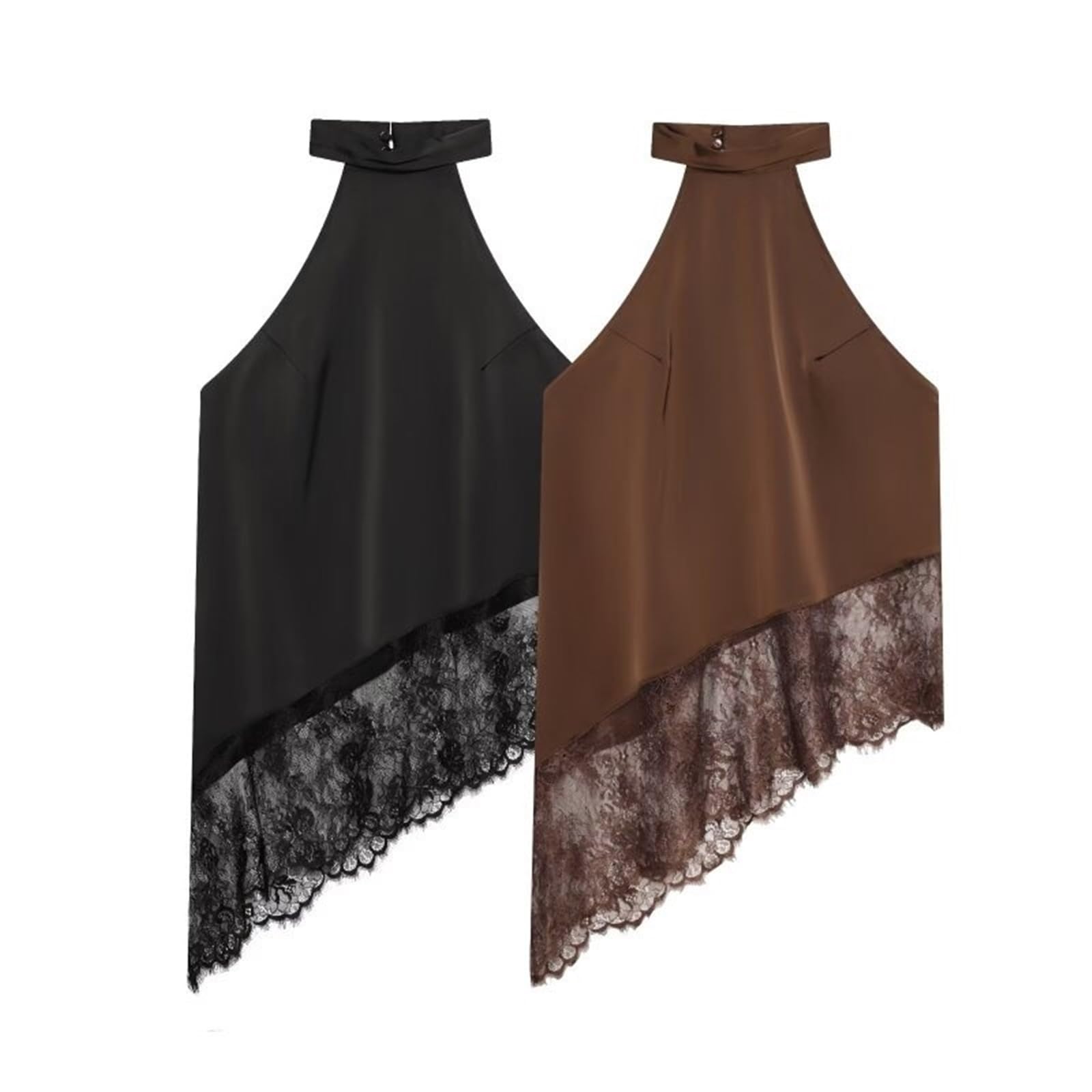 Top de satén con Cuello Halter y Encaje asimétrico sin Espalda | Camiseta sin mangas, blusa de verano, ropa de noche sexy, traje elegante for mujer