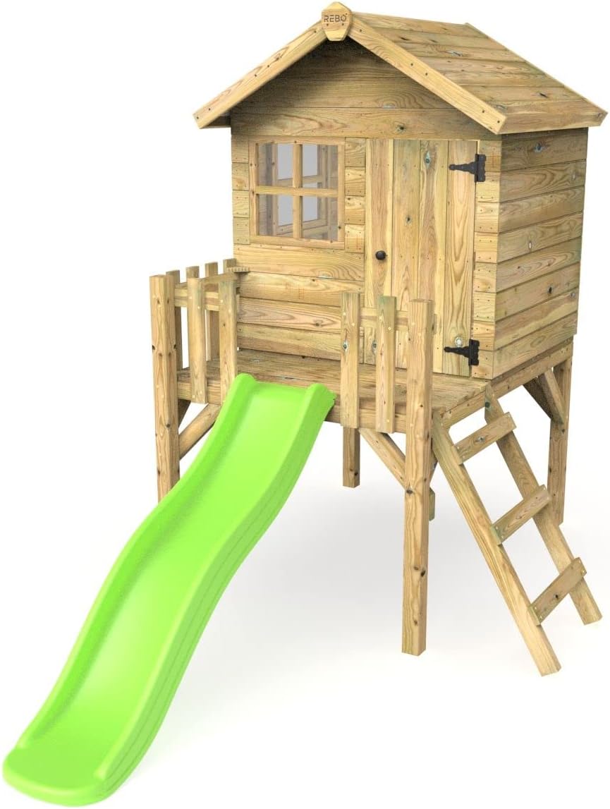 Rebo Orchard 4FT x 4FT Wooden Playhouse On 900mm Deck + 6FT Slide Swan Light Green Outdoor