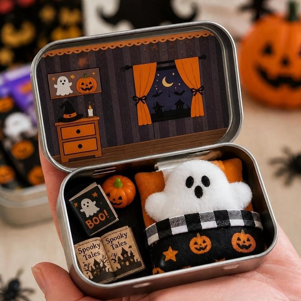 Halloween Mini Ghost Tin Box Set, Little Boo Cute Ghost in Box, Miniature Halloween Set Includes Plush Ghosts Sleeping Bag Spooky Books & Small Orange Pumpkin