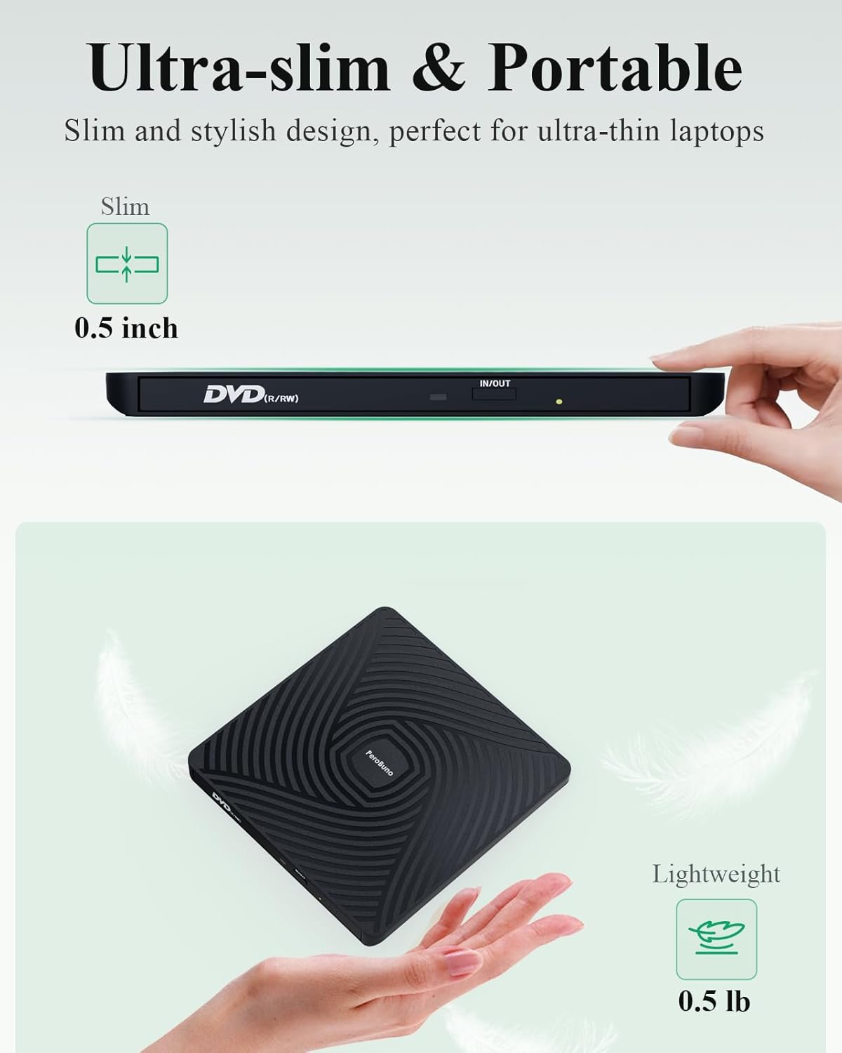 PeroBuno External CD DVD Drive, USB 3.0 Type-C Optical Drive, 0.5-inch Ultra-Slim Portable DVD CD ROM Disc Player Reader Writer Rewriter Burner Recorder for Laptop PC MacBook Windows Linux Mac OS